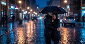 Rainy Romantic Street Hug Scene