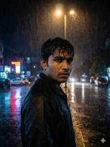 Rainy Street Cinematic Hero Look Prompt