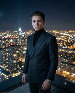 Luxury Rooftop Night Skyline Editorial Portrait
